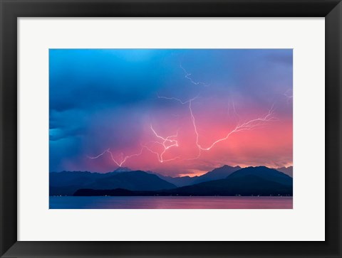 Framed Lightning Over Hood Canal And The Olympic Mountains Print