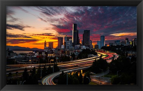 Framed Sunset View Of Downtown Seattle Print