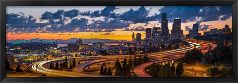 Framed Sunset Panorama Of Downtown Seattle Print