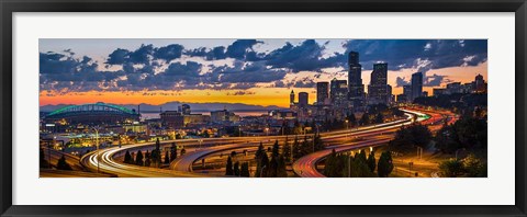 Framed Sunset Panorama Of Downtown Seattle Print