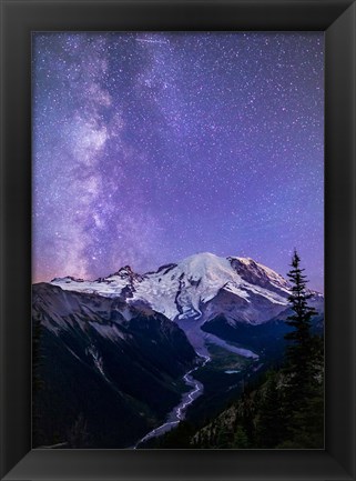 Framed White River Valley Looking Toward Mt Rainier On A Starlit Night Print