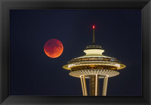 Framed Blood Moon Rises Over The Seattle Space Needle Print