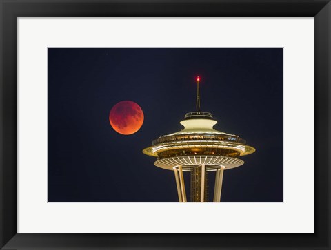 Framed Blood Moon Rises Over The Seattle Space Needle Print