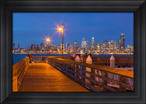 Framed Seacrest Park Fishing Pier, With Skyline View Of West Seattle Print