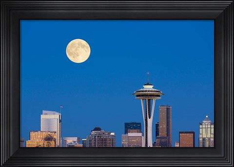 Framed Seattle Skyline View With Full Moon Print