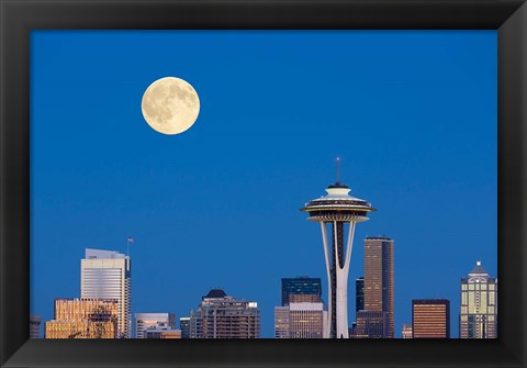 Framed Seattle Skyline View With Full Moon Print