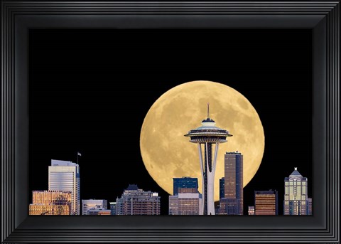 Framed Large Full Moon Behind The Seattle Space Needle Print