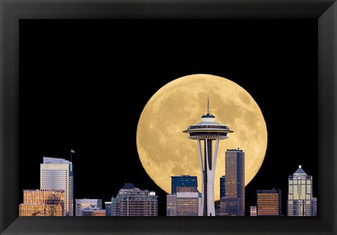 Framed Large Full Moon Behind The Seattle Space Needle Print