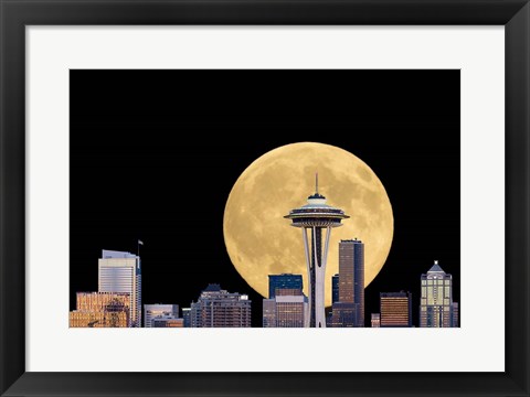 Framed Large Full Moon Behind The Seattle Space Needle Print