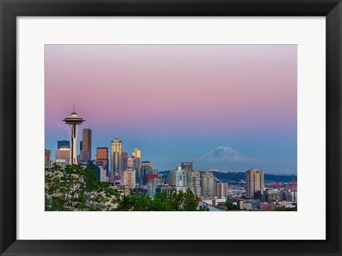 Framed Skyline View Of Seattle With Mount Rainier Print