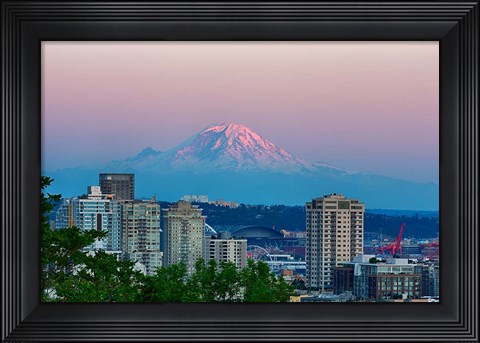 Framed Mount Rainier Behind The Seattle Skyline Print