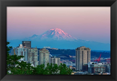 Framed Mount Rainier Behind The Seattle Skyline Print