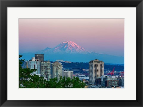 Framed Mount Rainier Behind The Seattle Skyline Print