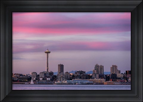 Framed Pink Sunset With The Seattle Space Needle Print