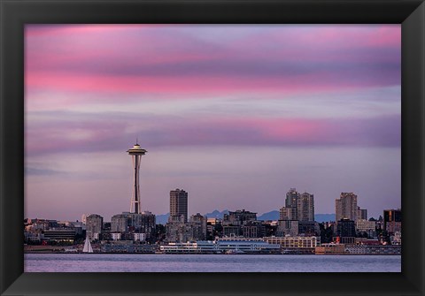 Framed Pink Sunset With The Seattle Space Needle Print