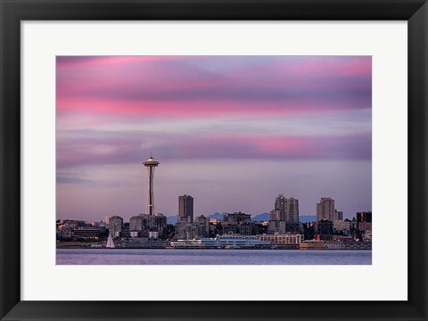 Framed Pink Sunset With The Seattle Space Needle Print