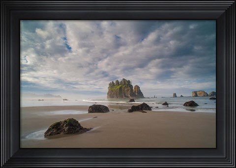 Framed Early Morning Mist And Sea Stacks On Second Beach Print