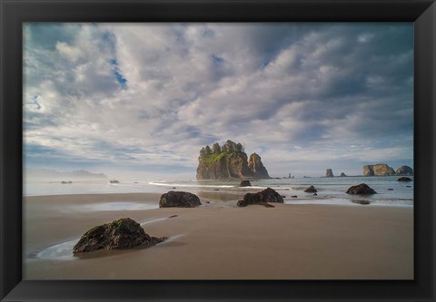 Framed Early Morning Mist And Sea Stacks On Second Beach Print