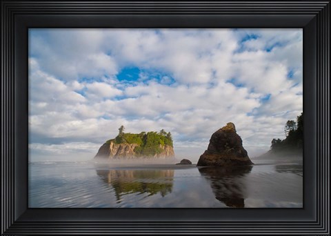 Framed Early Morning Mist And Reflections Of Sea Stacks On Ruby Beach Print