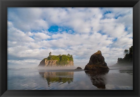 Framed Early Morning Mist And Reflections Of Sea Stacks On Ruby Beach Print