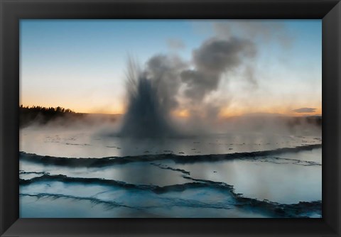 Framed Eruption Of Fountain Geyser After Sunset, Wyoming Print