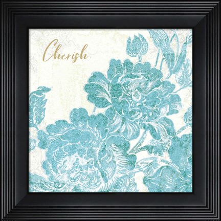 Framed Toile Roses V Teal Cherish Print