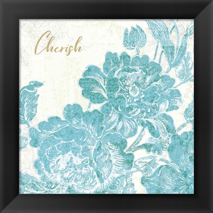 Framed Toile Roses V Teal Cherish Print