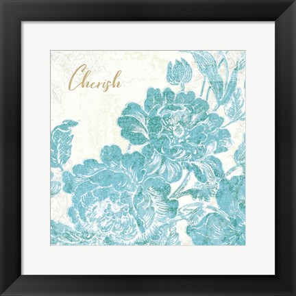 Framed Toile Roses V Teal Cherish Print