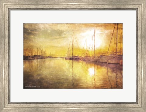 Framed Yellow Sunset Boats in Marina Print