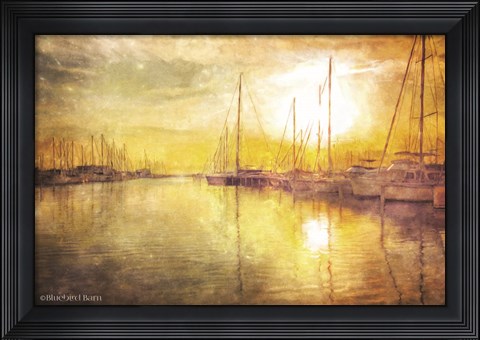 Framed Yellow Sunset Boats in Marina Print
