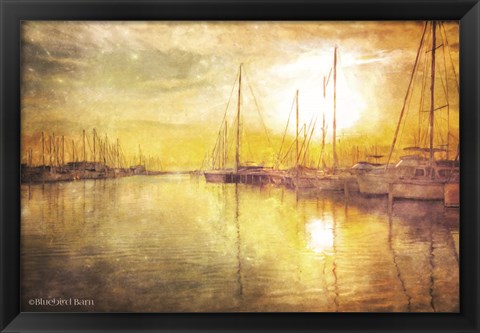 Framed Yellow Sunset Boats in Marina Print