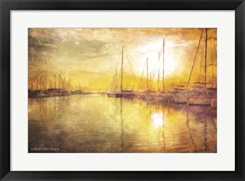 Framed Yellow Sunset Boats in Marina Print