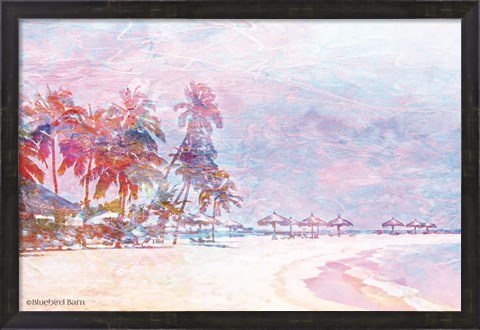 Framed Rainbow Bright Sandy Beach Umbrellas Print