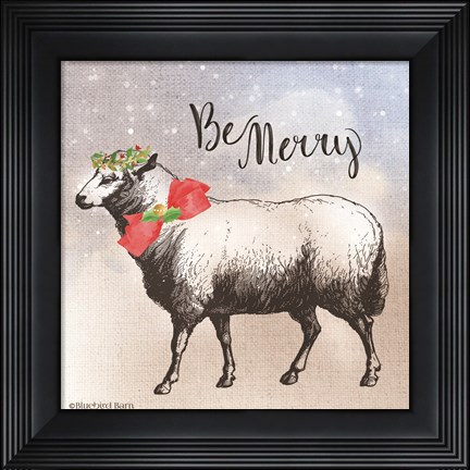 Framed Vintage Christmas Be Merry Sheep Print