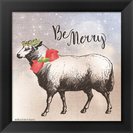 Framed Vintage Christmas Be Merry Sheep Print