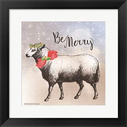 Framed Vintage Christmas Be Merry Sheep Print