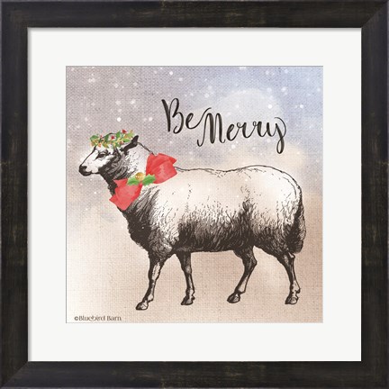 Framed Vintage Christmas Be Merry Sheep Print