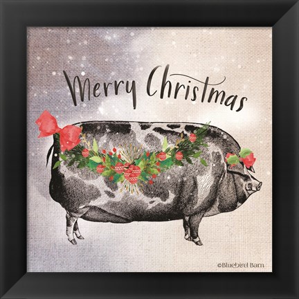 Framed Vintage Christmas Be Merry Pig Print