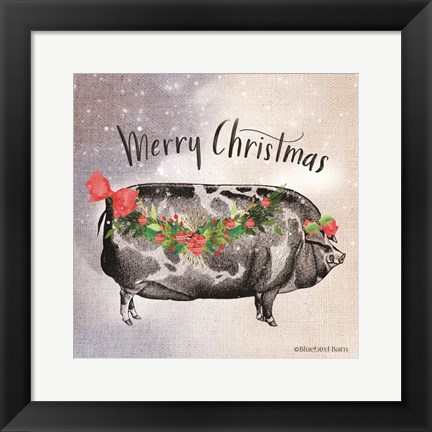 Framed Vintage Christmas Be Merry Pig Print