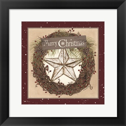 Framed Christmas Barn Star Wreath Print