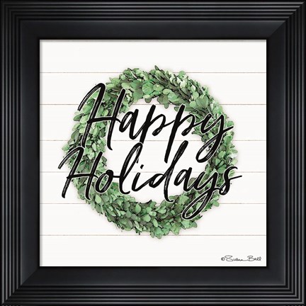 Framed Happy Holidays Boxwood Wreath Print