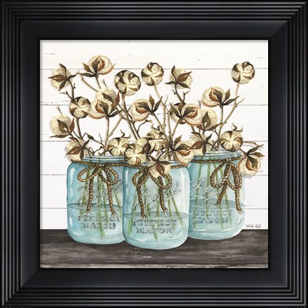 Framed Blue Jars - Cotton Stems Print