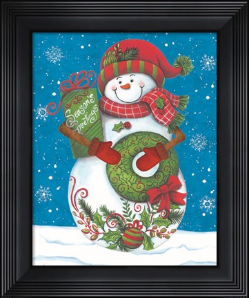 Framed Snowman with Wreaths Print