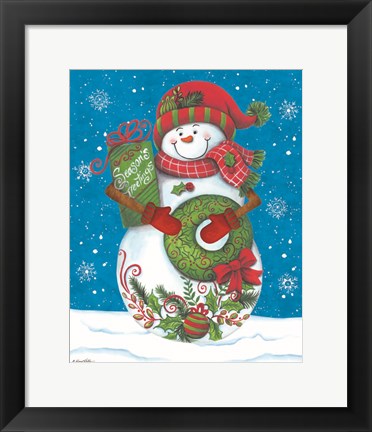 Framed Snowman with Wreaths Print