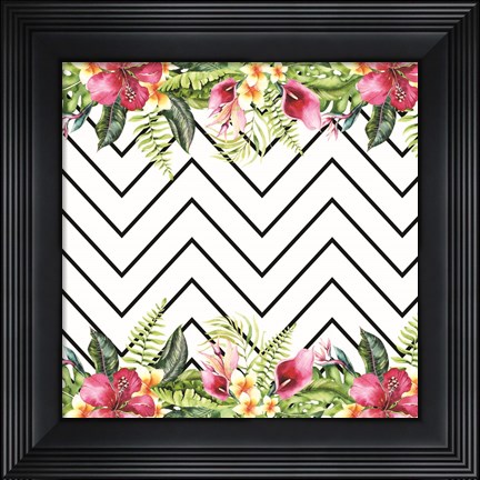 Framed Watercolor Tropical Flowers and Lines Print