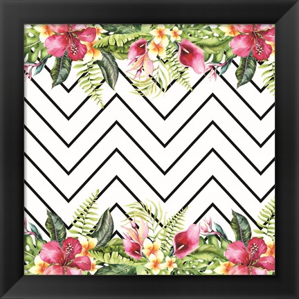 Framed Watercolor Tropical Flowers and Lines Print