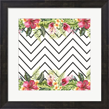 Framed Watercolor Tropical Flowers and Lines Print