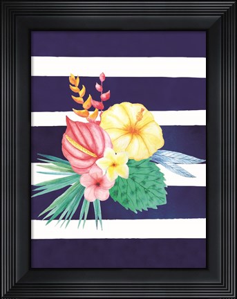 Framed Watercolor Flowers Blue Lines I Print