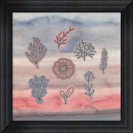 Framed Blue Pink Watercolor and Floral Print