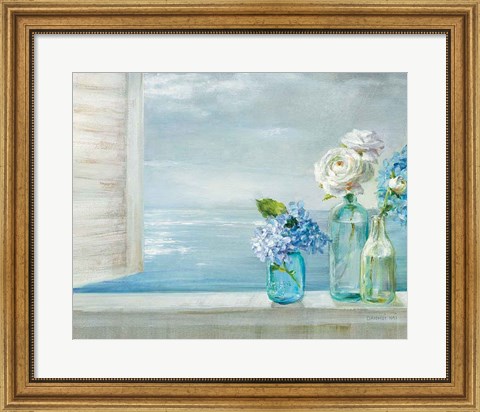 Framed Beautiful Day At the Beach - 3 Glass Bottles Print